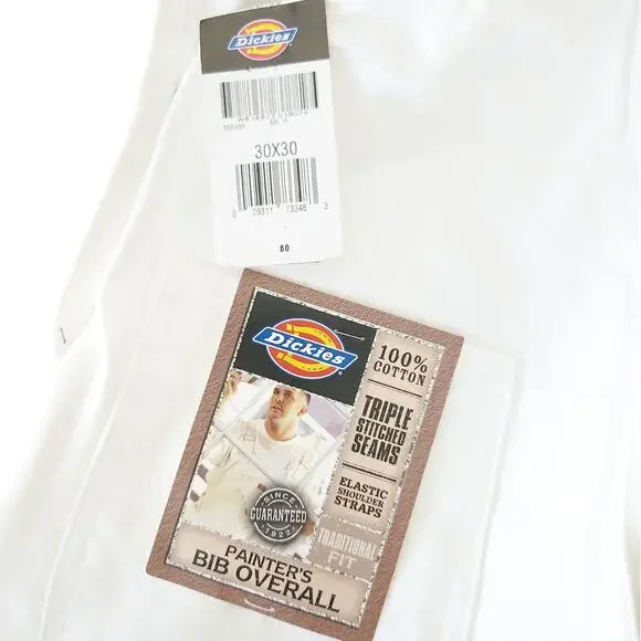 DICKIES Traditional Fit white classic denim Painters Bib Overalls Sz 30 x 30 NEW - Picture 5 of 7